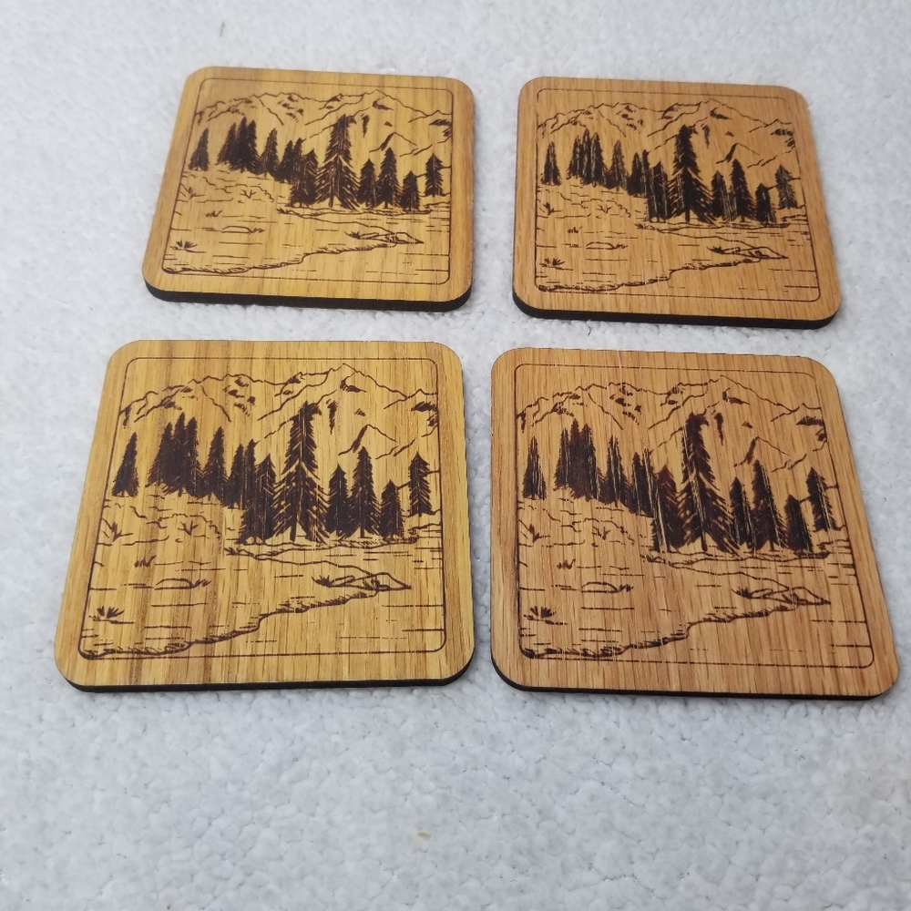 Set of 4 Wood Coasters Mountain Scene Malboro